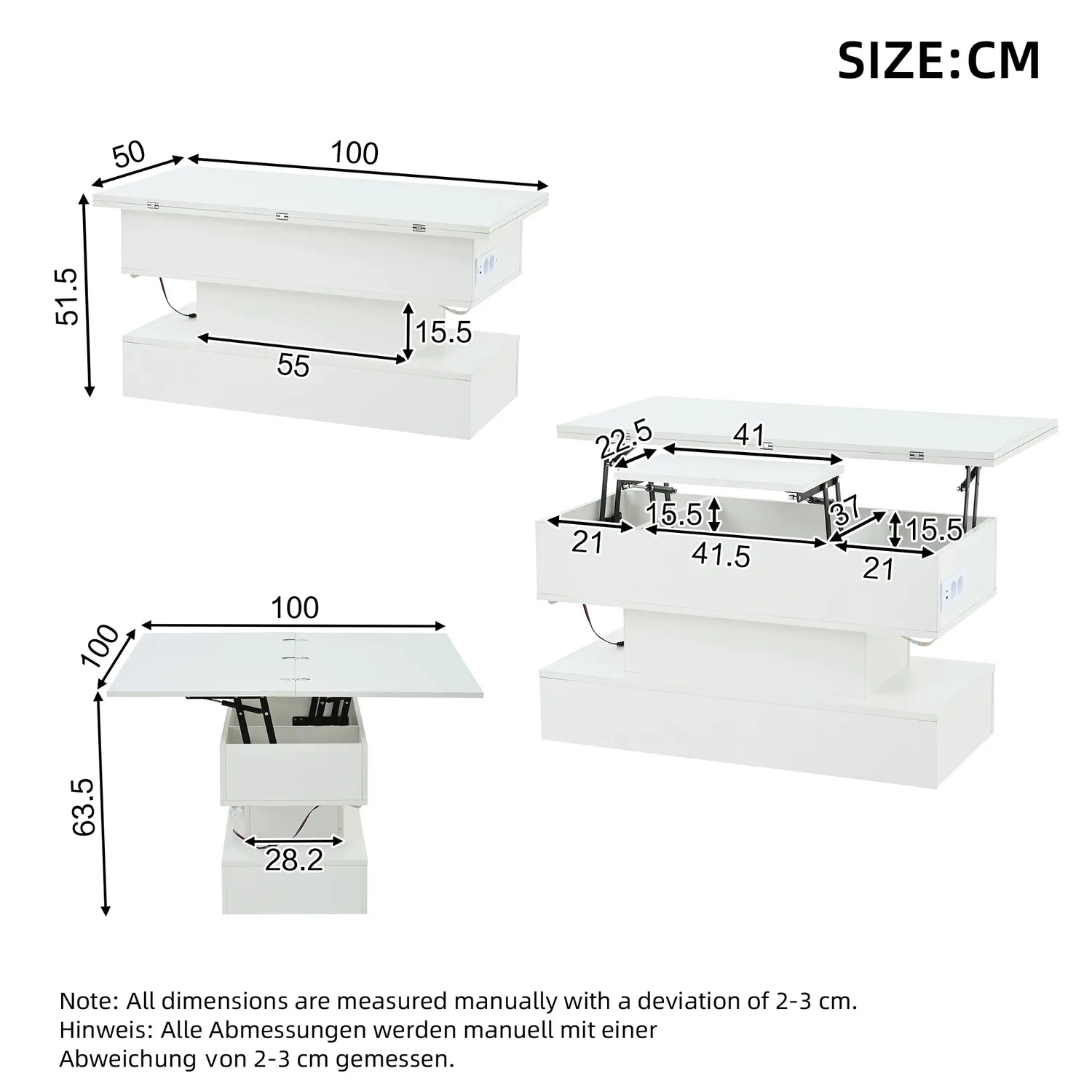 OutdoorMatch Salontafel wit 100 cm salontafel LED USB verstelbaar