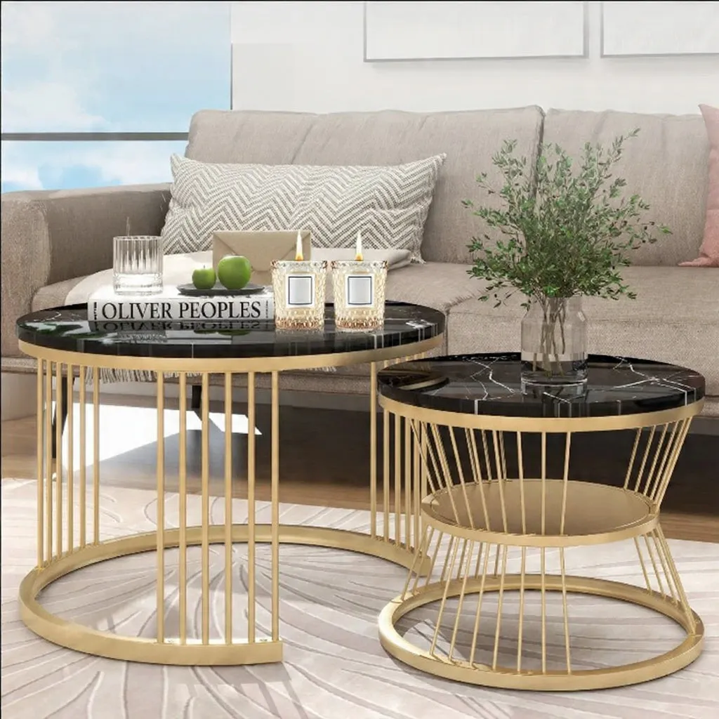 OutdoorMatch Ronde Salontafel Set 2-delig Marmerlook Zwart-Wit
