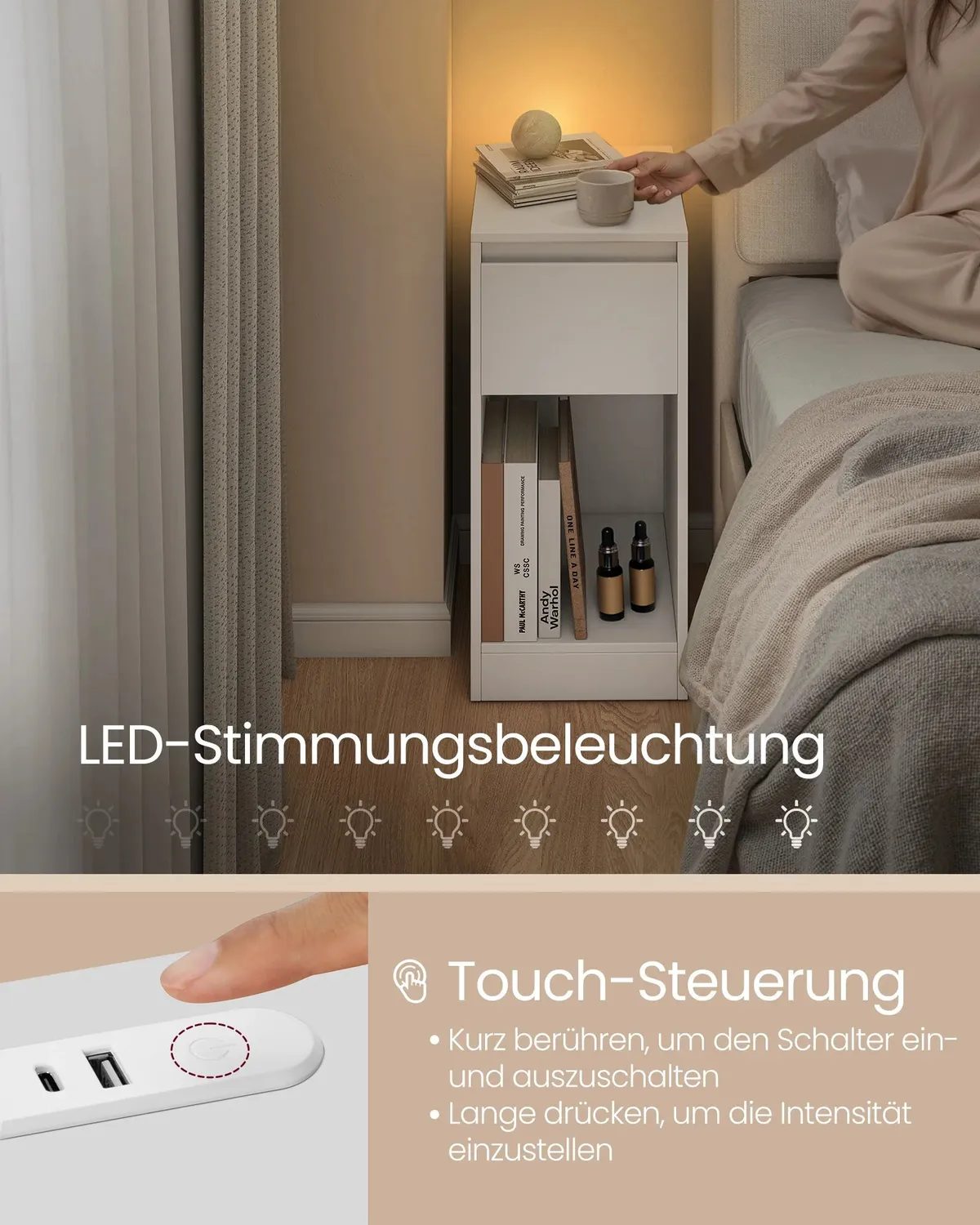 OutdoorMatch Nachtkastje LED USB wit 30x25x59,5 cm lade