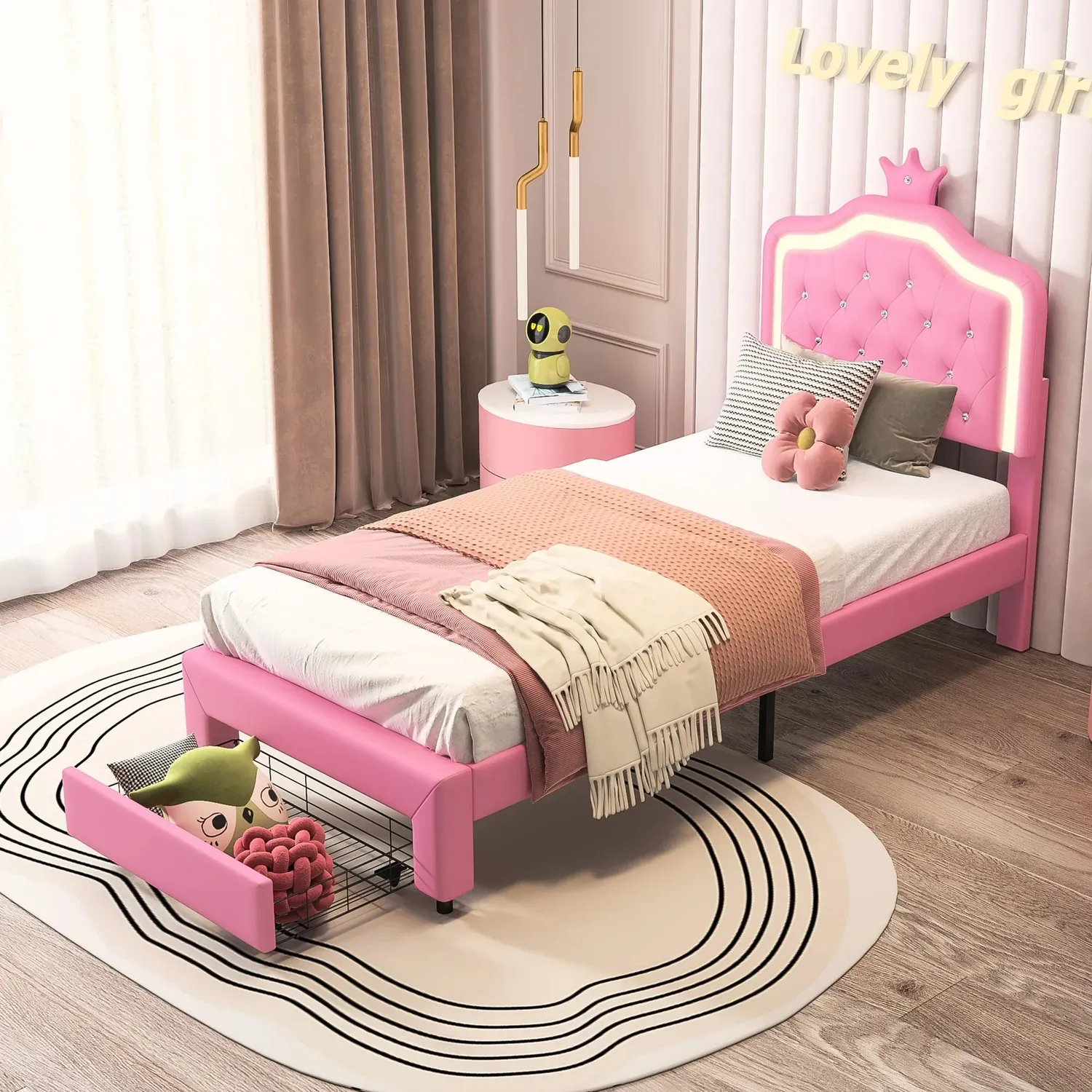 OutdoorMatch Bedframe 90x200 Roze LED met Lade