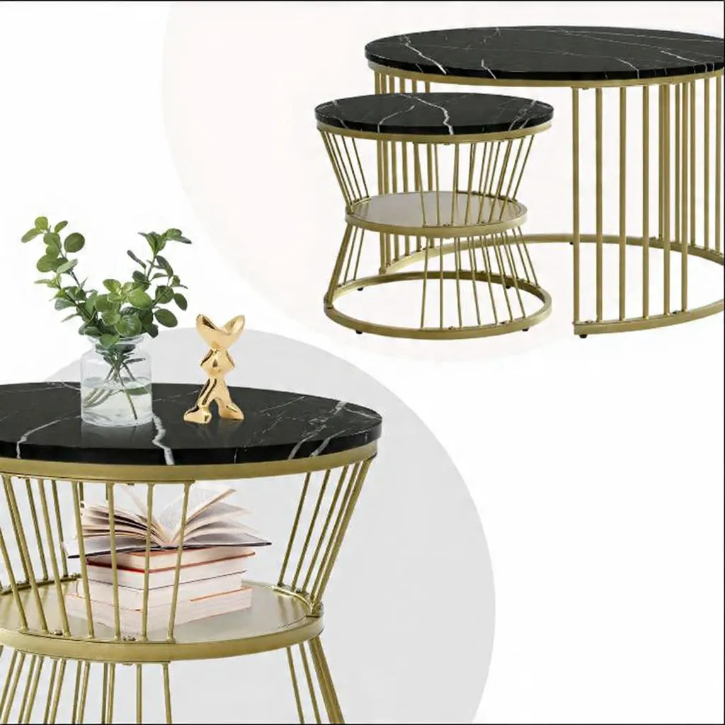 OutdoorMatch Ronde Salontafel Set 2-delig Marmerlook Zwart-Wit