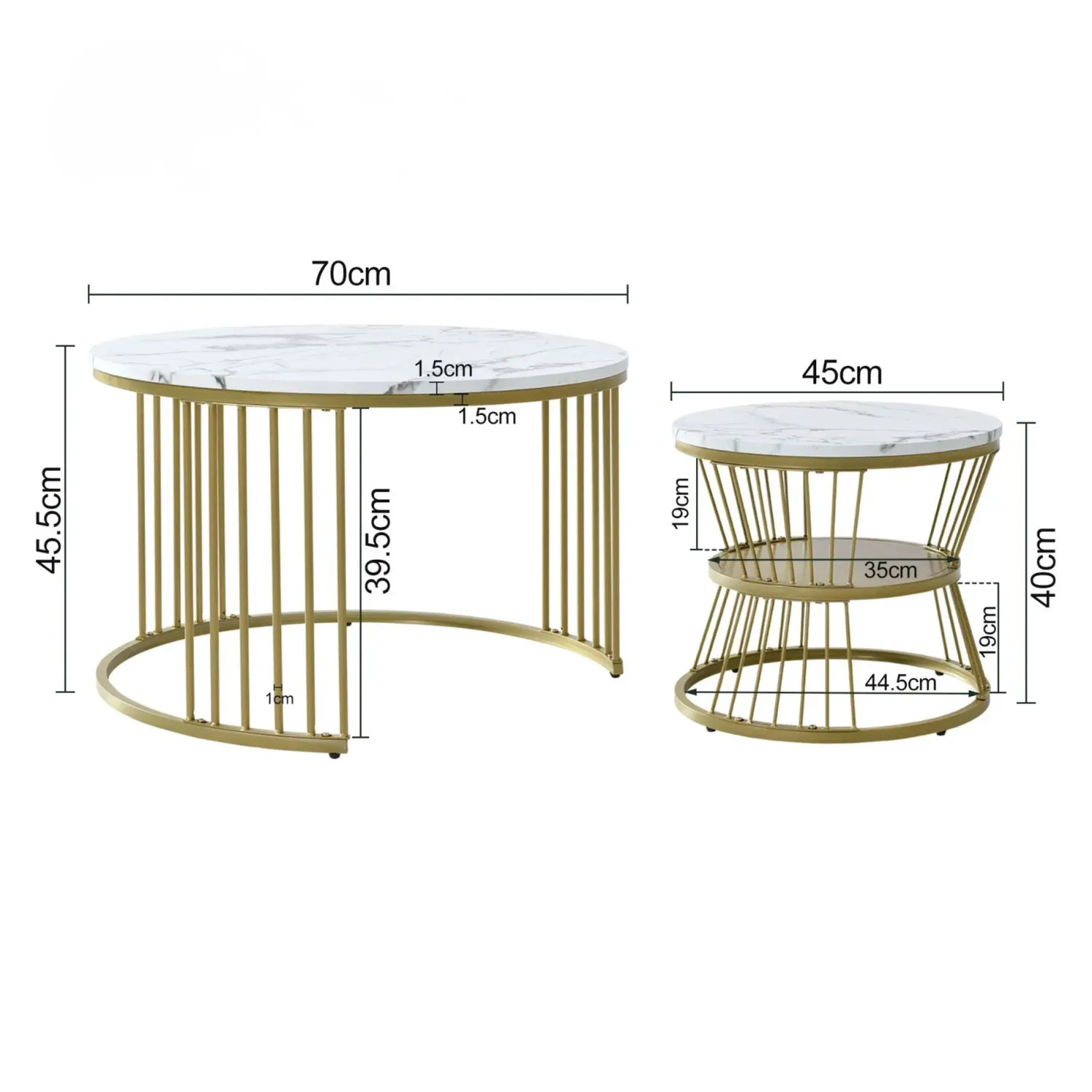 OutdoorMatch Salontafel Set Rond Wit Goud Marmerlook