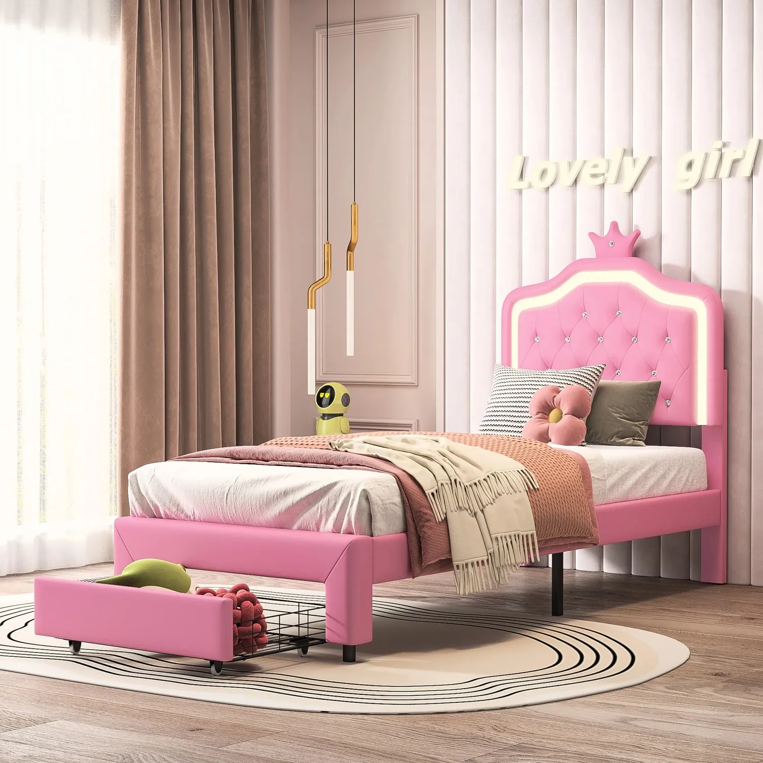 OutdoorMatch Bedframe 90x200 Roze LED met Lade
