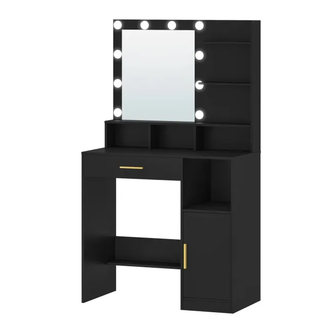 OutdoorMatch Make-uptafel Zwart met Spiegel en 10 LED Lampen