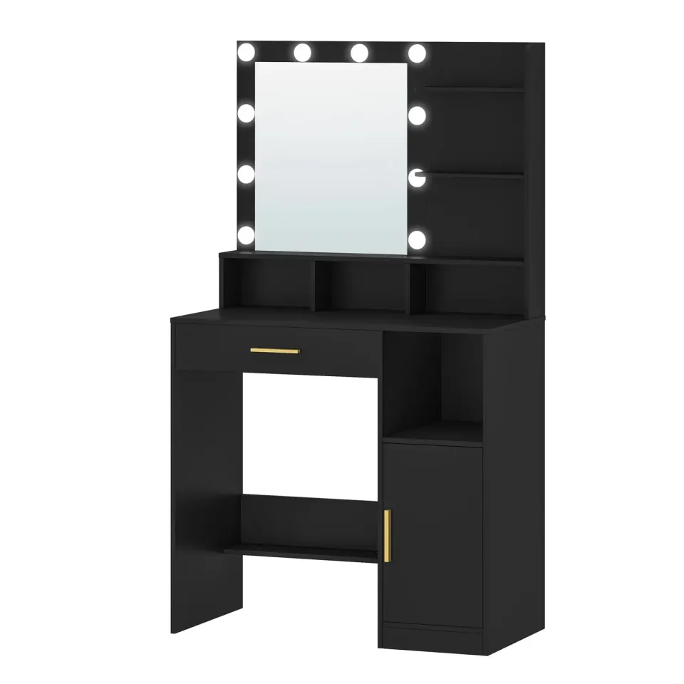 OutdoorMatch Make-uptafel Zwart met Spiegel en 10 LED Lampen